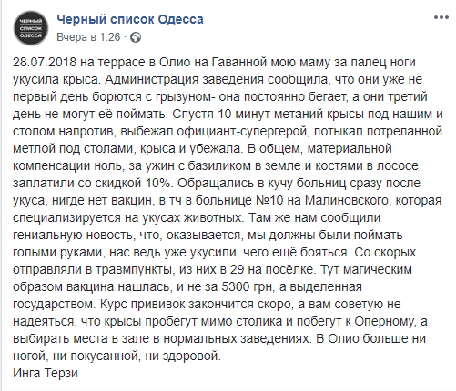 Бегали прямо под столом: посетительницу ресторана в Одессе укусила за ногу крыса